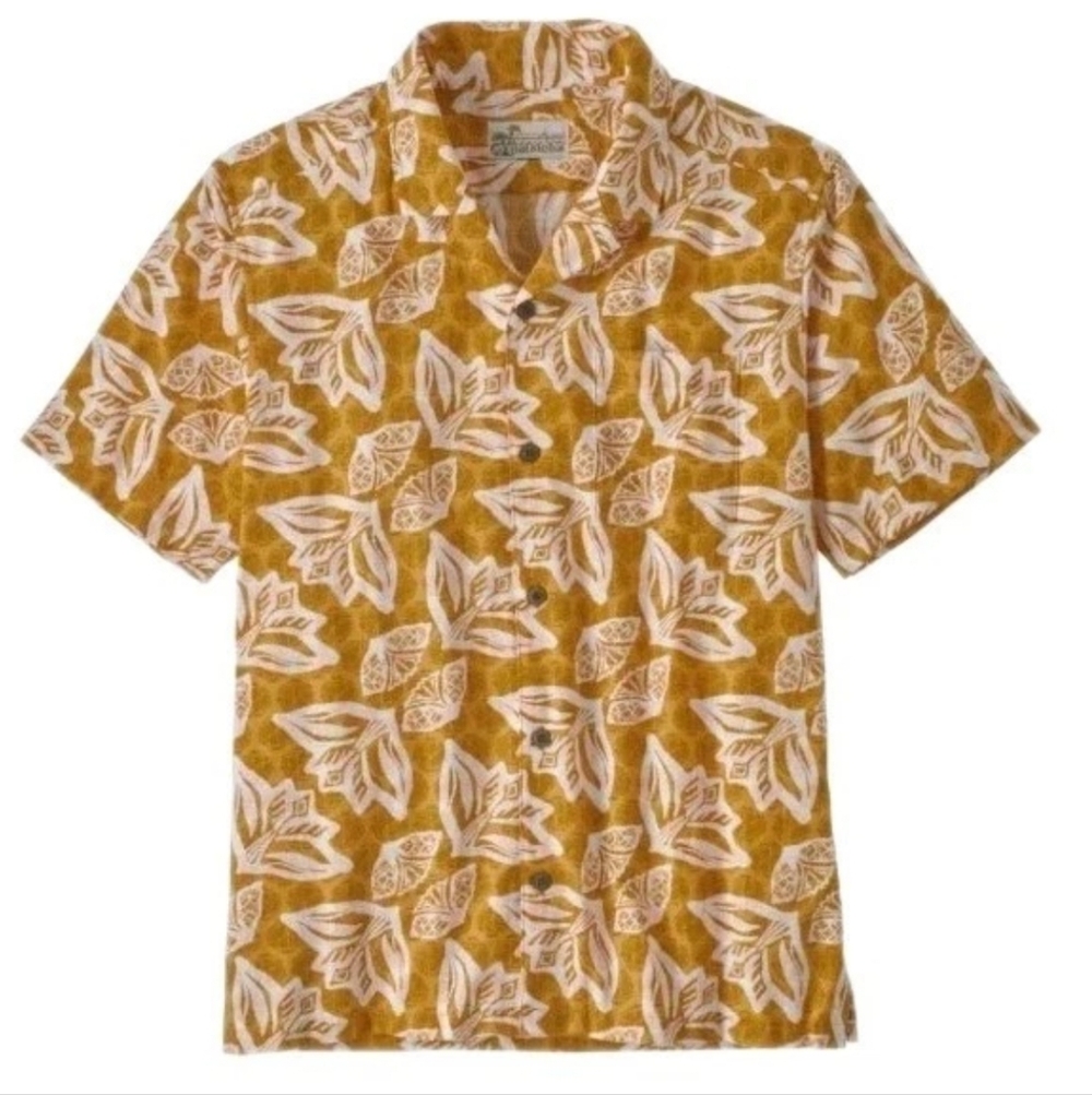 Pataloha Hawaiian Shirt Men XL Abstract Geometric Camp Organic Cotton Grain Gold